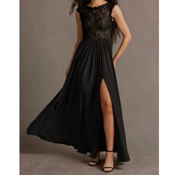 Azazie Lace Bodice Luxe Knit Maxi Dress Plunging Back Evening Party Anna Black - Picture 1 of 10
